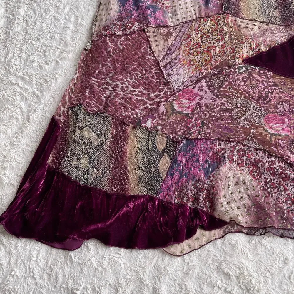 SOLD Cache vintage Y2K patchwork silk maxi skirt fairy paisley floral velvet - Picture 7 of 12